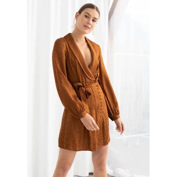 & Other Stories Women's Burnt Orange Belted Leopard Wrap Mini Dress Size 6 - Picture 1 of 11